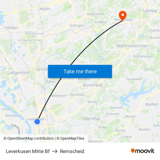 Leverkusen Mitte Bf to Remscheid map