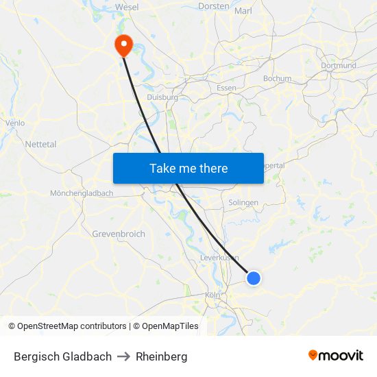 Bergisch Gladbach to Rheinberg map