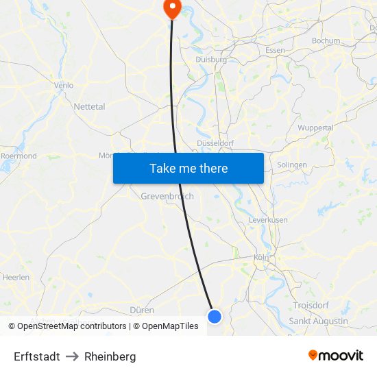 Erftstadt to Rheinberg map