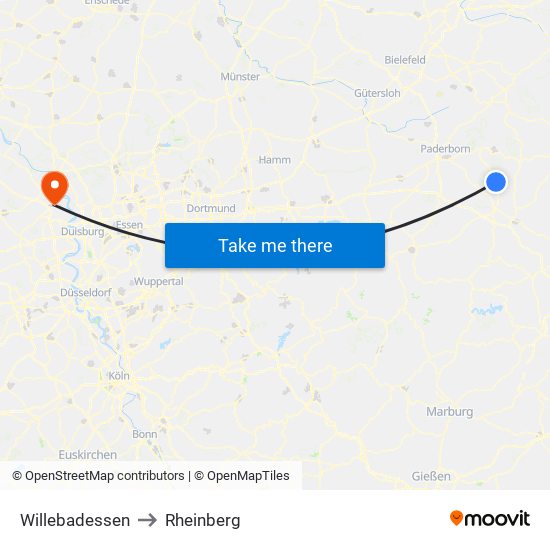 Willebadessen to Rheinberg map