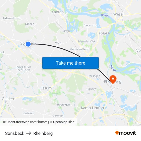 Sonsbeck to Rheinberg map