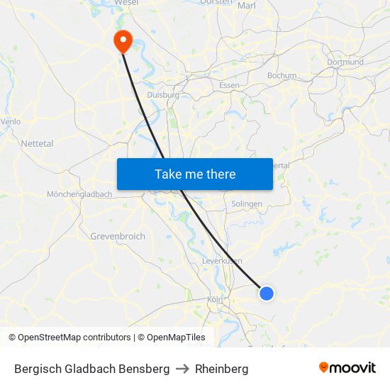 Bergisch Gladbach Bensberg to Rheinberg map