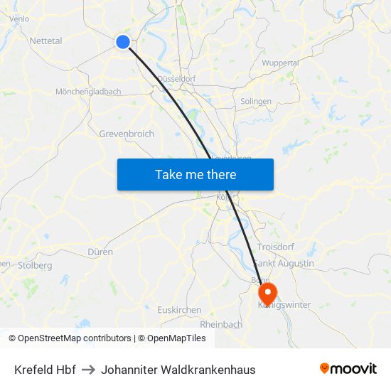 Krefeld Hbf to Johanniter Waldkrankenhaus map