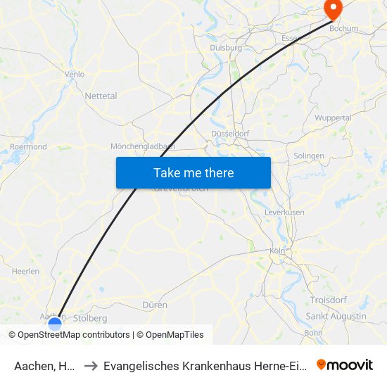 Aachen, Hauptbahnhof to Evangelisches Krankenhaus Herne-Eickel (Ev. Krankenhaus Herne-Eickel) map