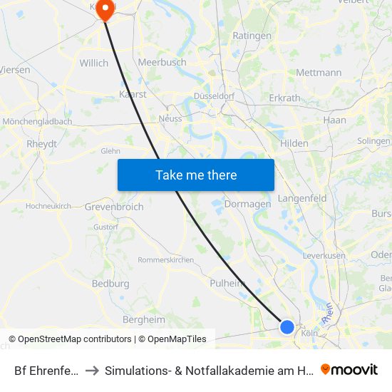 Bf Ehrenfeld - Köln to Simulations- & Notfallakademie am Helios Klinikum Krefeld map