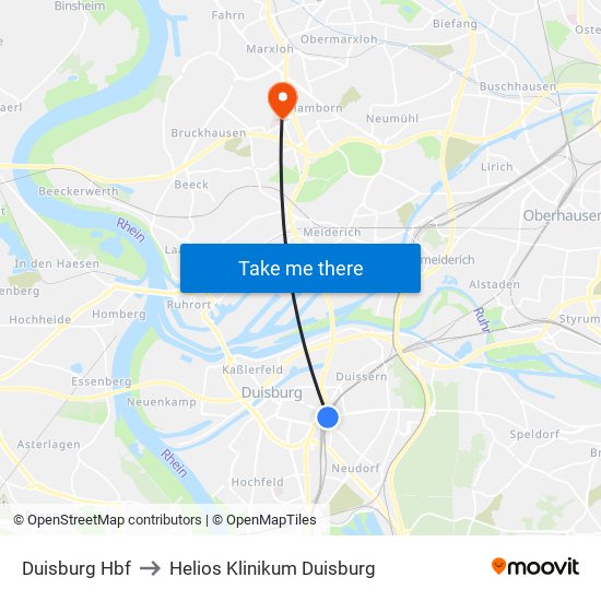 Duisburg Hbf to Helios Klinikum Duisburg map