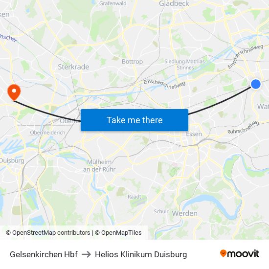 Gelsenkirchen Hbf to Helios Klinikum Duisburg map