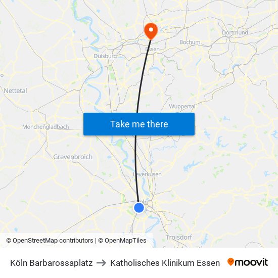 Köln Barbarossaplatz to Katholisches Klinikum Essen map