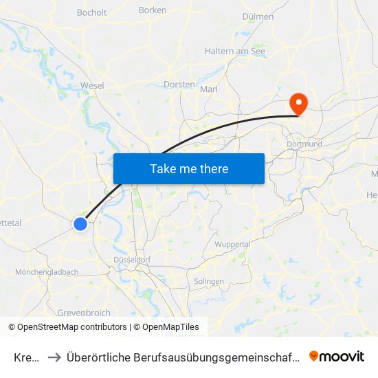 Krefeld Hbf to Überörtliche Berufsausübungsgemeinschaft Dres. Schumann / Knevels / Hoffmann & Kollegen map