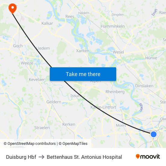 Duisburg Hbf to Bettenhaus St. Antonius Hospital map