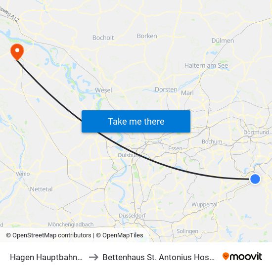 Hagen Hauptbahnhof to Bettenhaus St. Antonius Hospital map