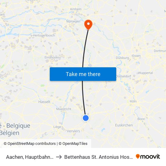 Aachen, Hauptbahnhof to Bettenhaus St. Antonius Hospital map