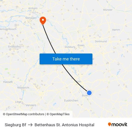 Siegburg Bf to Bettenhaus St. Antonius Hospital map