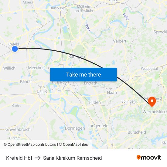 Krefeld Hbf to Sana Klinikum Remscheid map