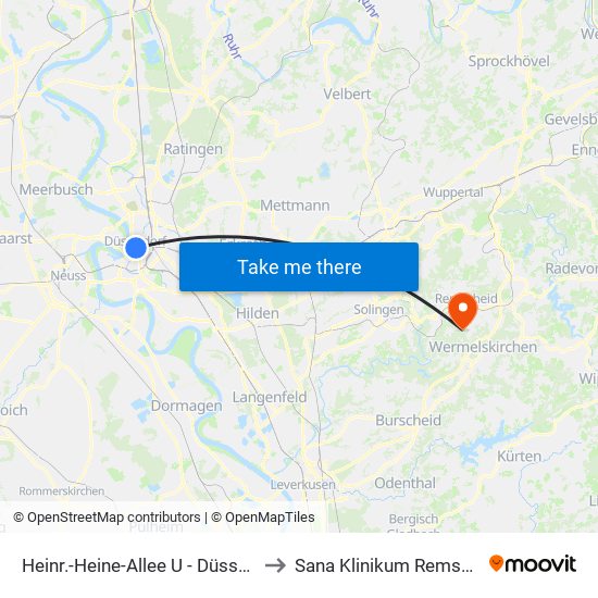 Heinr.-Heine-Allee U - Düsseldorf to Sana Klinikum Remscheid map