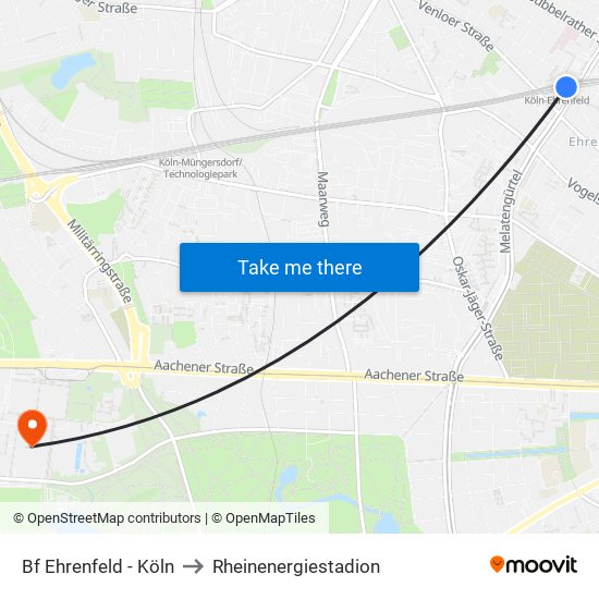 Bf Ehrenfeld - Köln to Rheinenergiestadion map