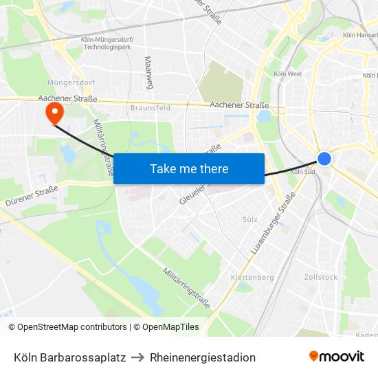 Köln Barbarossaplatz to Rheinenergiestadion map