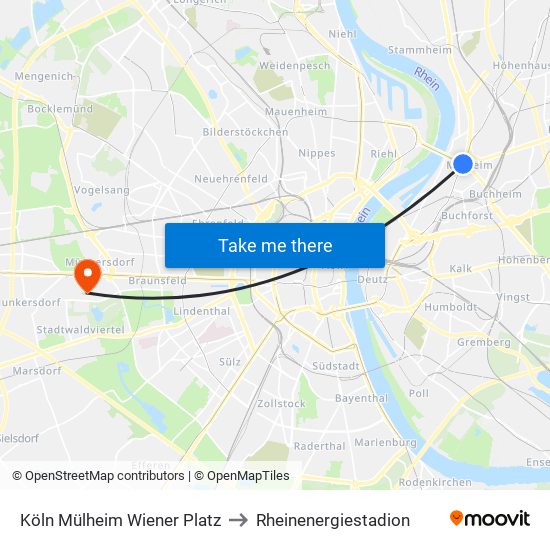 Köln Mülheim Wiener Platz to Rheinenergiestadion map