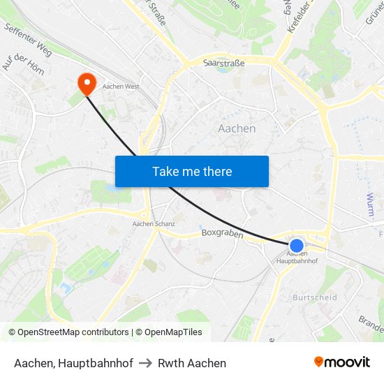 Aachen, Hauptbahnhof to Rwth Aachen map