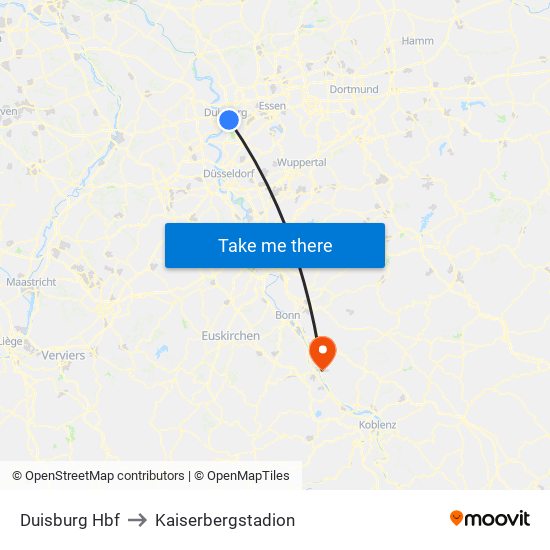 Duisburg Hbf to Kaiserbergstadion map