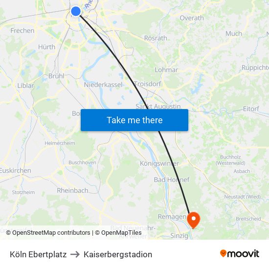 Köln Ebertplatz to Kaiserbergstadion map