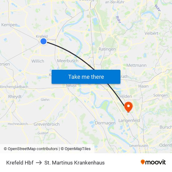 Krefeld Hbf to St. Martinus Krankenhaus map