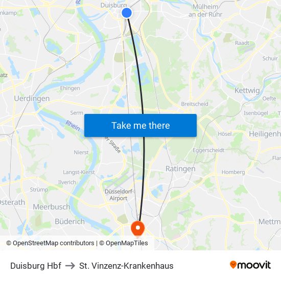 Duisburg Hbf to St. Vinzenz-Krankenhaus map