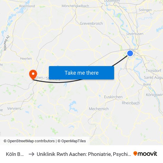 Köln Barbarossaplatz to Uniklinik Rwth Aachen: Phoniatrie, Psychiatrische Tagesklinik Für Erwachsene Und Institutsambulanz map