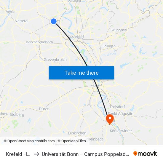 Krefeld Hbf to Universität Bonn – Campus Poppelsdorf map