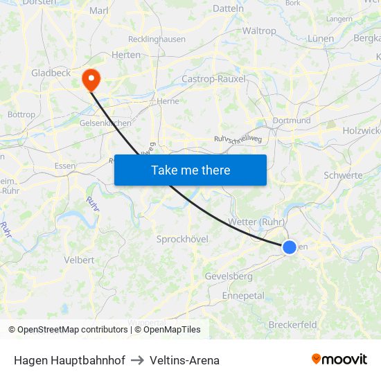 Hagen Hauptbahnhof to Veltins-Arena map