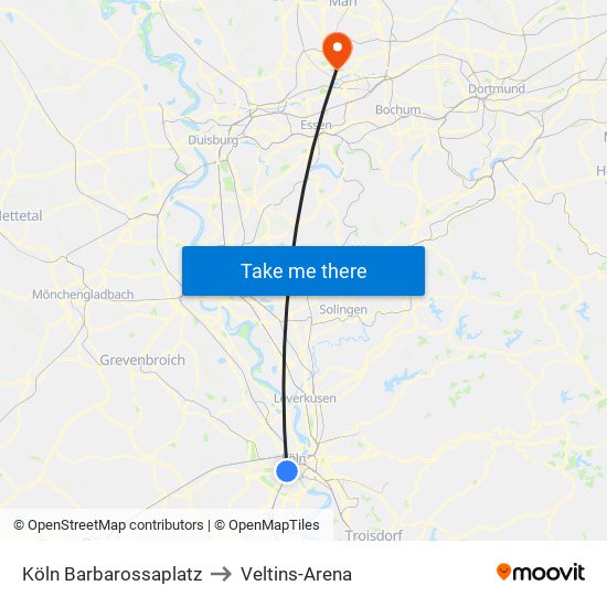 Köln Barbarossaplatz to Veltins-Arena map