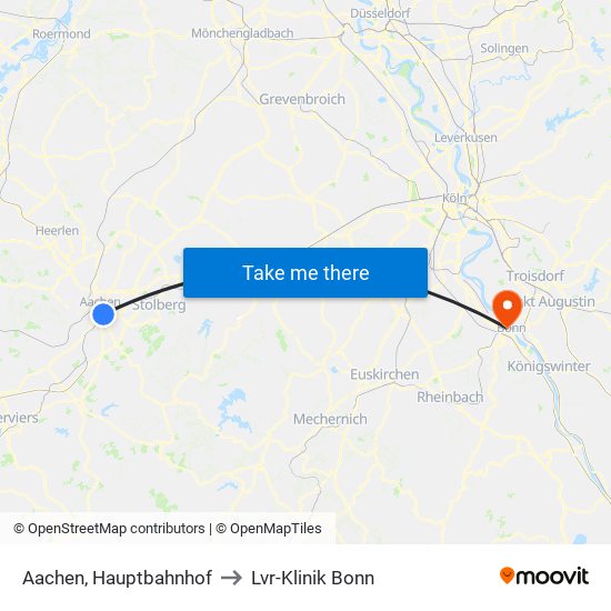 Aachen, Hauptbahnhof to Lvr-Klinik Bonn map