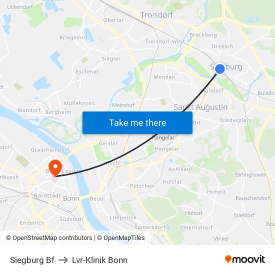 Siegburg Bf to Lvr-Klinik Bonn map