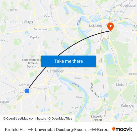 Krefeld Hbf to Universität Duisburg-Essen, L+M-Bereich map