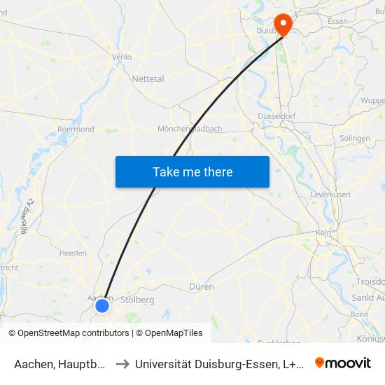 Aachen, Hauptbahnhof to Universität Duisburg-Essen, L+M-Bereich map