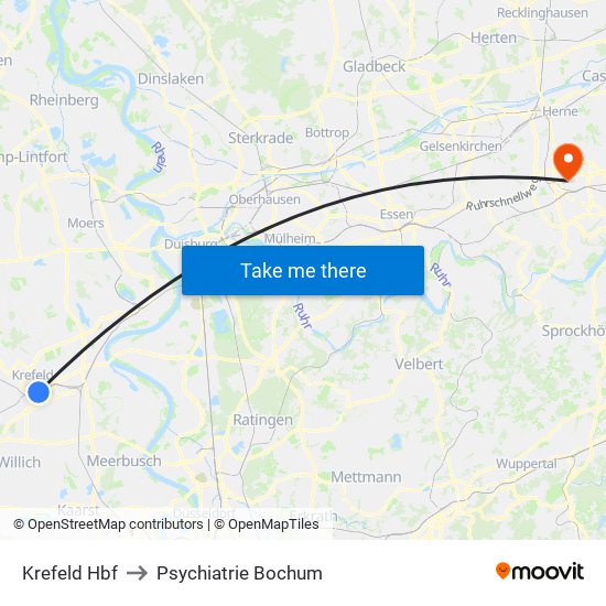 Krefeld Hbf to Psychiatrie Bochum map