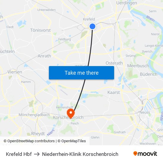 Krefeld Hbf to Niederrhein-Klinik Korschenbroich map