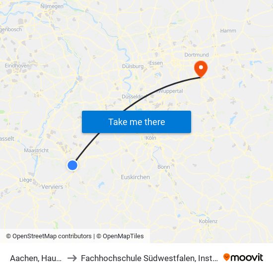 Aachen, Hauptbahnhof to Fachhochschule Südwestfalen, Institut Für Verbundstudien map