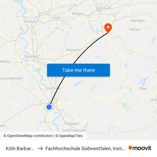 Köln Barbarossaplatz to Fachhochschule Südwestfalen, Institut Für Verbundstudien map