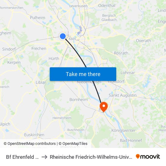 Bf Ehrenfeld - Köln to Rheinische Friedrich-Wilhelms-Universität Bonn map