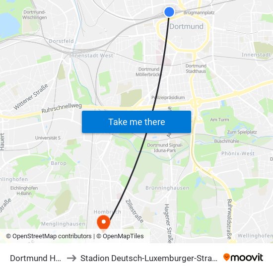 Dortmund Hbf to Stadion Deutsch-Luxemburger-Straße map