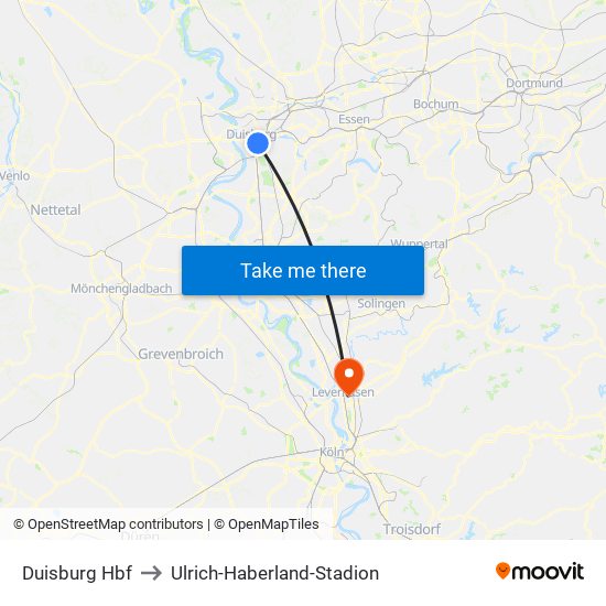 Duisburg Hbf to Ulrich-Haberland-Stadion map