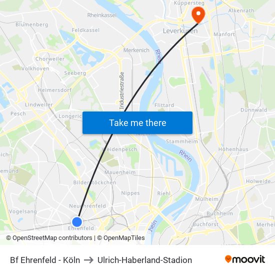 Bf Ehrenfeld - Köln to Ulrich-Haberland-Stadion map