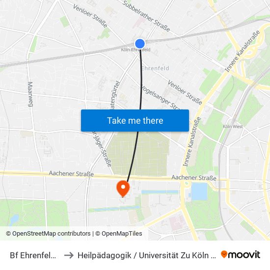 Bf Ehrenfeld - Köln to Heilpädagogik / Universität Zu Köln - Klosterstraße map