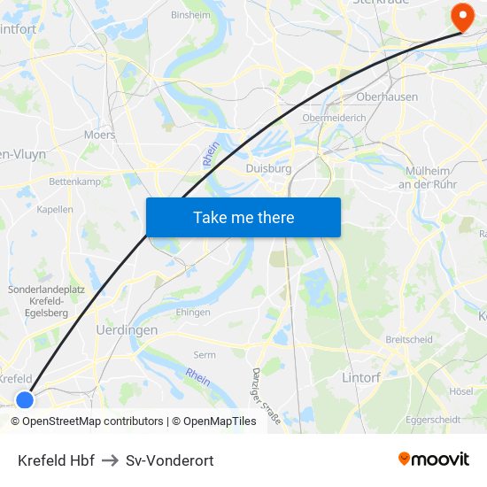 Krefeld Hbf to Sv-Vonderort map