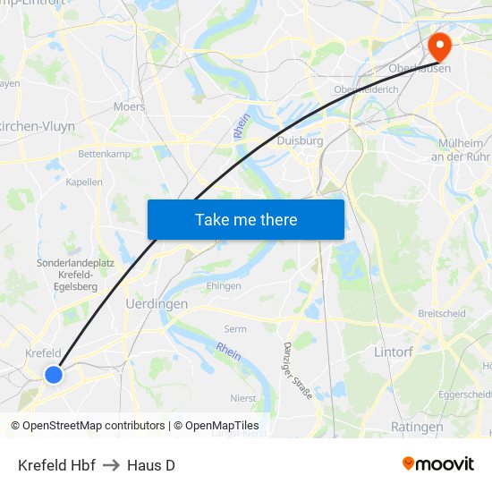 Krefeld Hbf to Haus D map