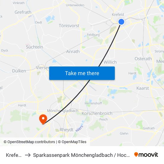 Krefeld Hbf to Sparkassenpark Mönchengladbach / Hockeypark Mönchengladbach map