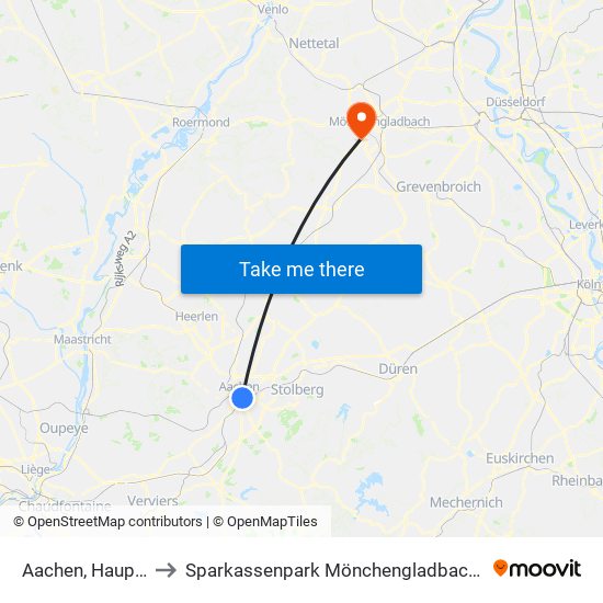 Aachen, Hauptbahnhof (Bus) to Sparkassenpark Mönchengladbach / Hockeypark Mönchengladbach map