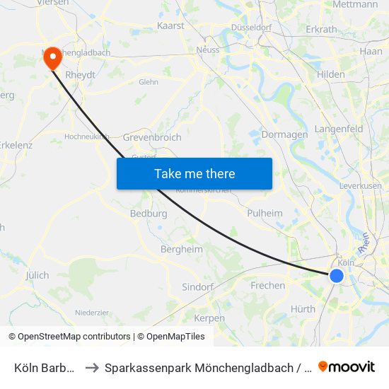 Köln Barbarossaplatz to Sparkassenpark Mönchengladbach / Hockeypark Mönchengladbach map