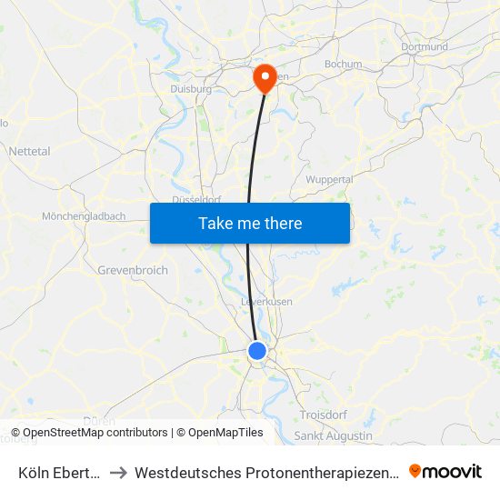 Köln Ebertplatz to Westdeutsches Protonentherapiezentrum Essen map